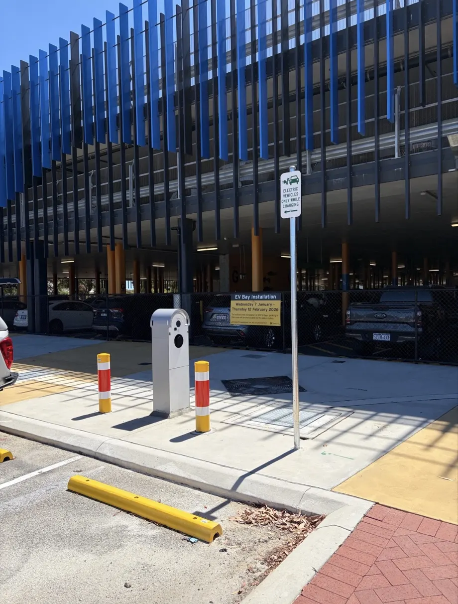 EV charger and charging-only sign beside the Mandurah Station multi-storey car park